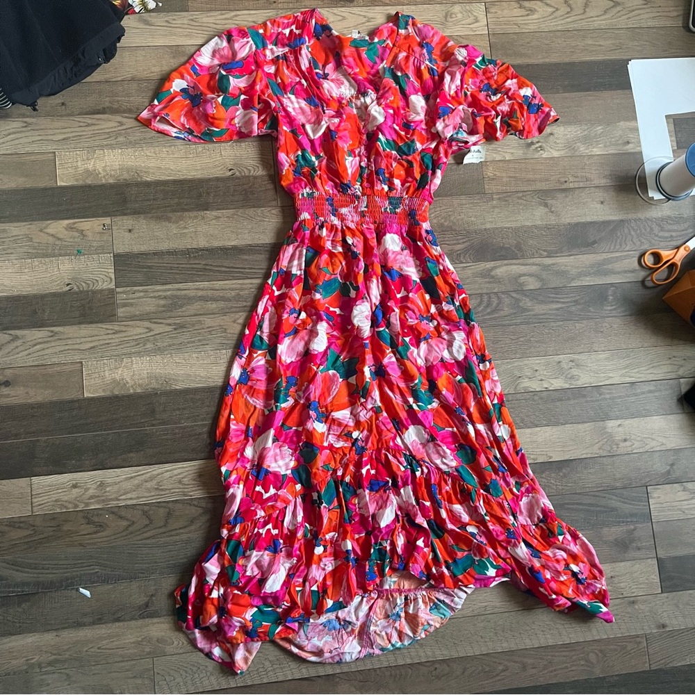 Floral Pink & Red Midi Dress with Smocked Waist